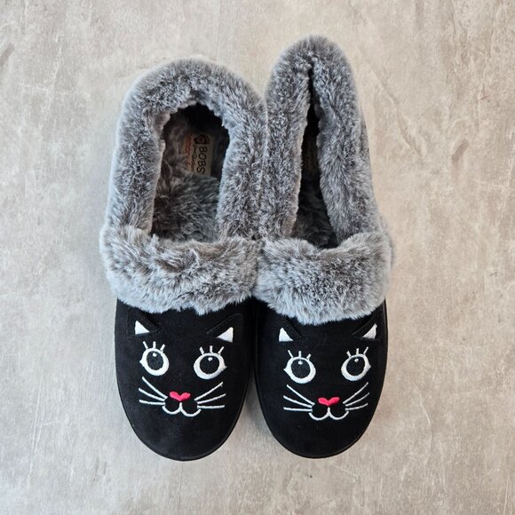 Bobs Cat Slippers Womens Size 8 Black Kitty Comfort Slip On Fur lined House Shoe - Picture 1 of 13